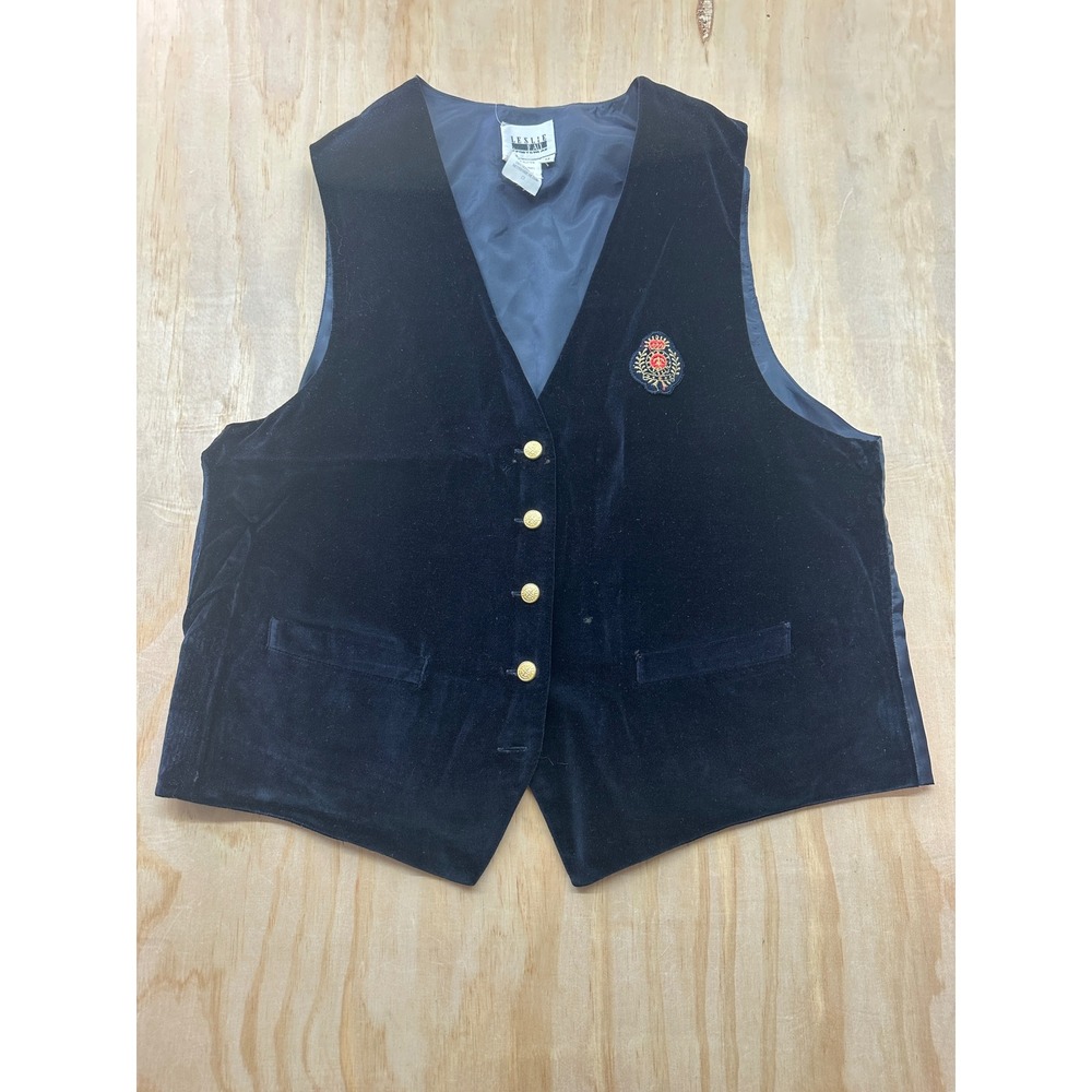 Leslie Fay Vintage Black Velveteen Crest Vest Gold Buttons Size 14 Womens